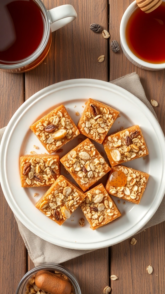 Simple 4-Ingredient Oat Bars Recipe Homemade oat bars on a plate, topped with honey and surrounded by oats and nuts.